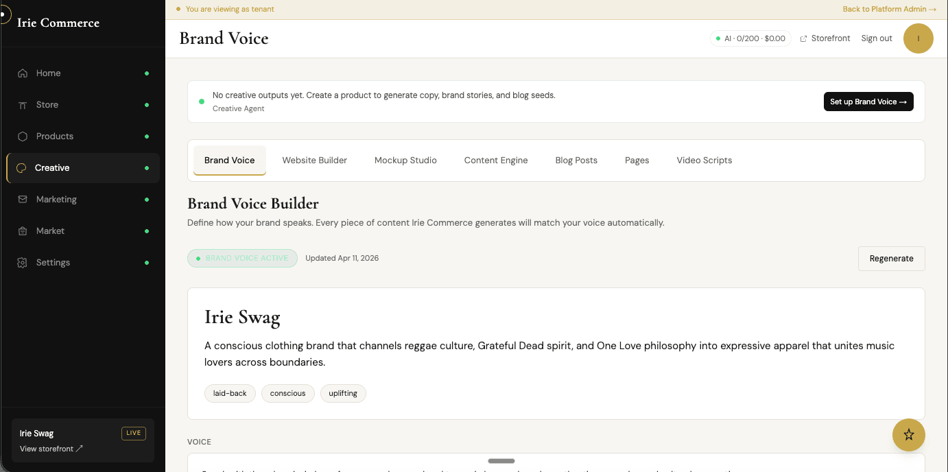 Irie Commerce Brand Voice Builder showing a tenant brand profile