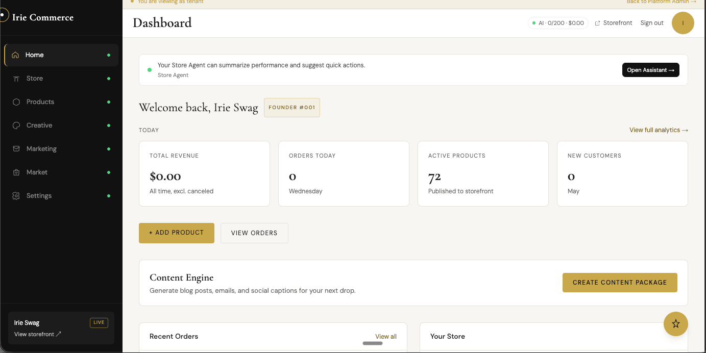 Irie Commerce dashboard showing store metrics and content engine call to action