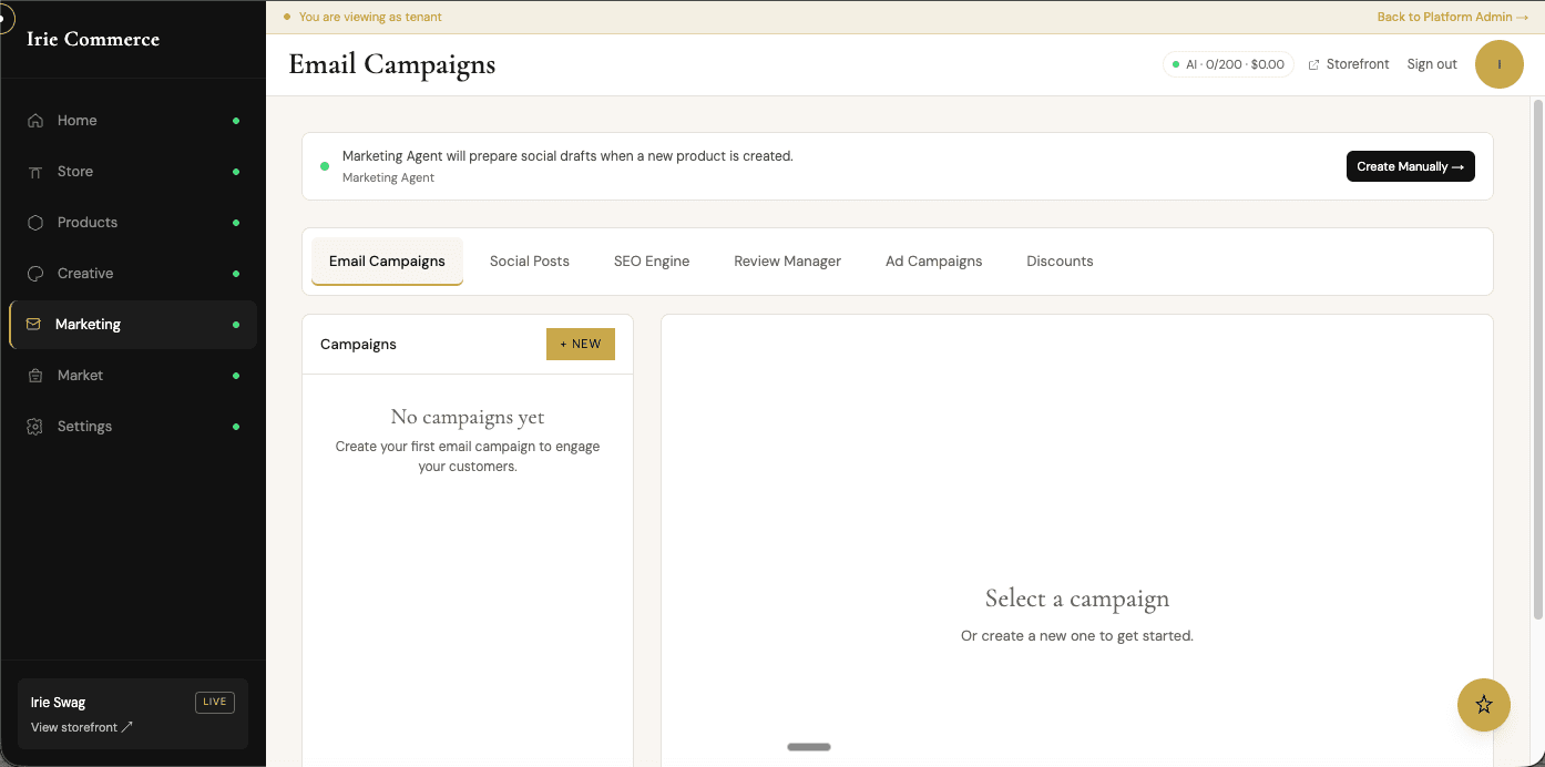 Irie Commerce email campaigns dashboard with marketing tabs