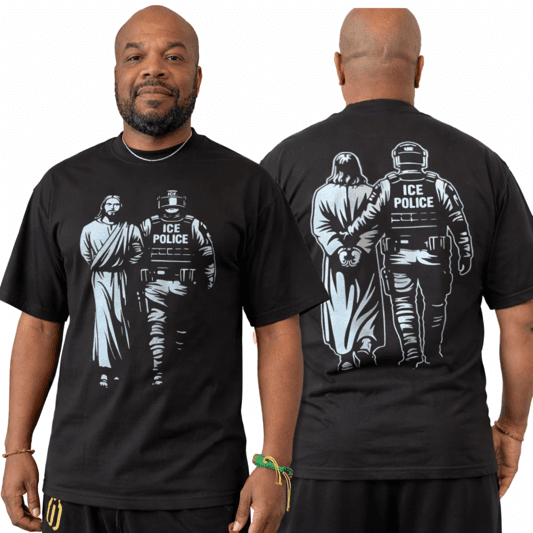 Man wearing a black t-shirt with a graphic design on the front and back, standing against a white background.