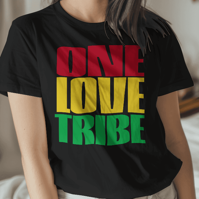 Person wearing a black t-shirt with 'ONE LOVE TRIBE' text in red, yellow, and green.