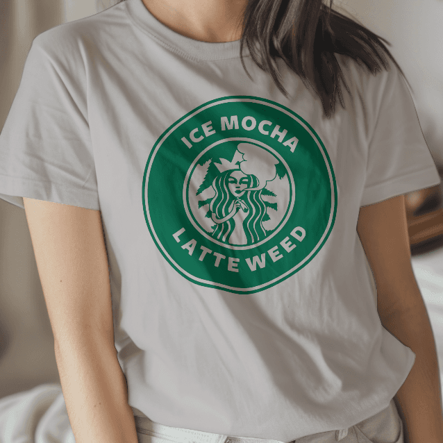 A woman wearing a t-shirt with a humorous logo parody.
