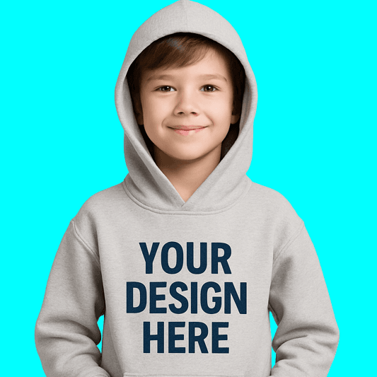 Child wearing a gray hoodie with 'Your Design Here' text on a light gray background