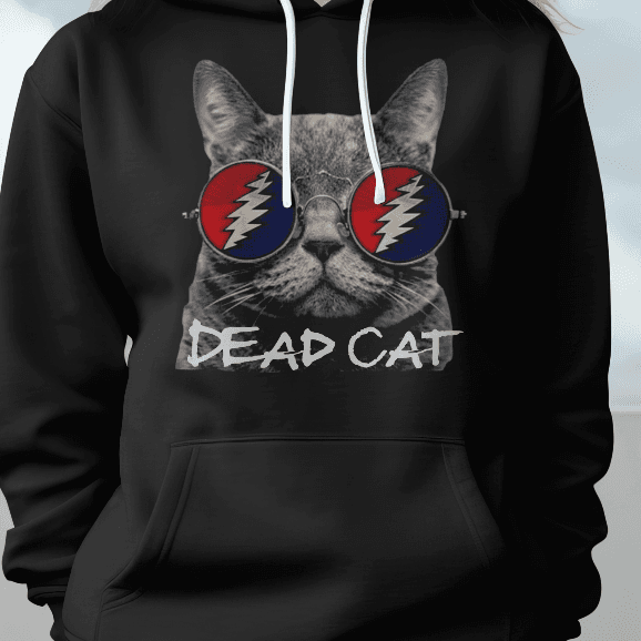 Black hoodie with a cat wearing sunglasses and 'DEAD CAT' text against a cloudy sky.