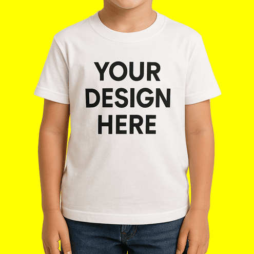 Child wearing a white t-shirt with 'Your Design Here' text on a beige background
