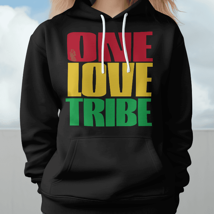 Person wearing a black hoodie with 'ONE LOVE TRIBE' text against a cloudy sky.