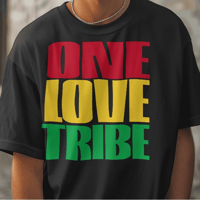 Person wearing a black t-shirt with 'ONE LOVE TRIBE' text in red, yellow, and green, standing against a graffiti-covered wall.