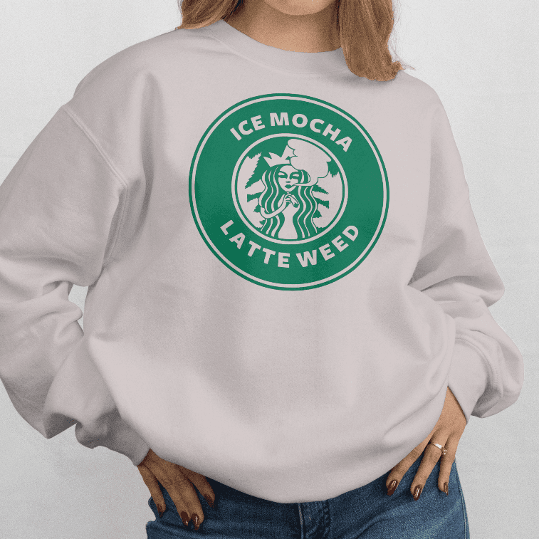 Person wearing a gray sweatshirt with a Starbucks logo parody on a white background